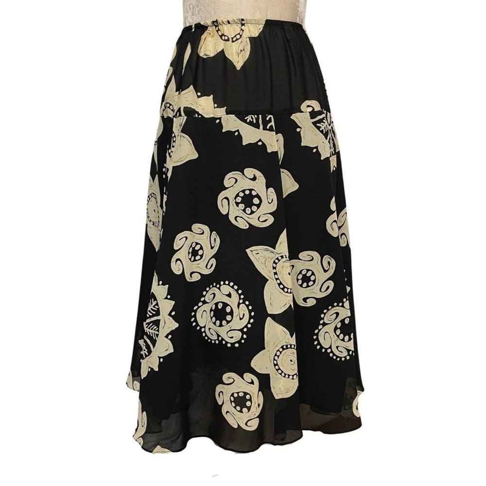 Vintage Womens  MIDI Skirt Size 10 Black Tan Cream Large Floral  Flowing Flared